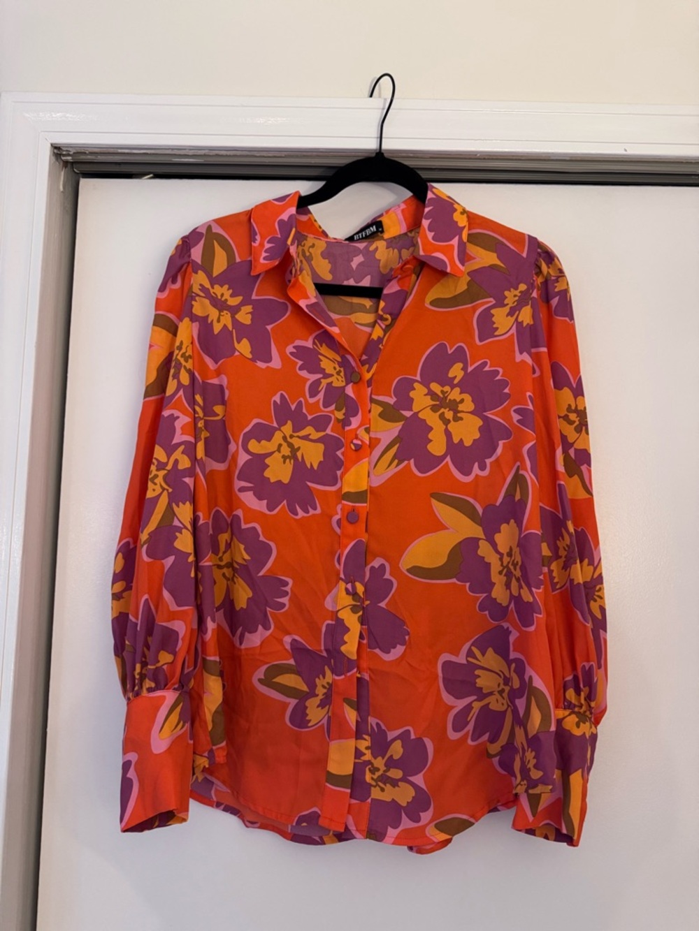 Vibrant Floral Button-Up Blouse in Orange, Purple & Yellow